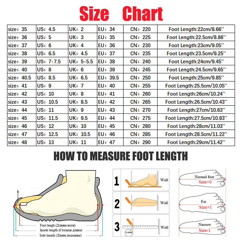 Shoe size chart with measurements for various countries and foot length measurement guide.