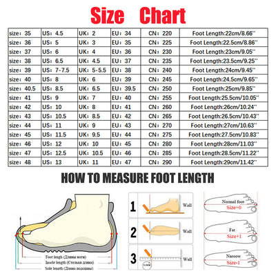 Shoe size chart with measurements for various countries and foot length measurement guide.
