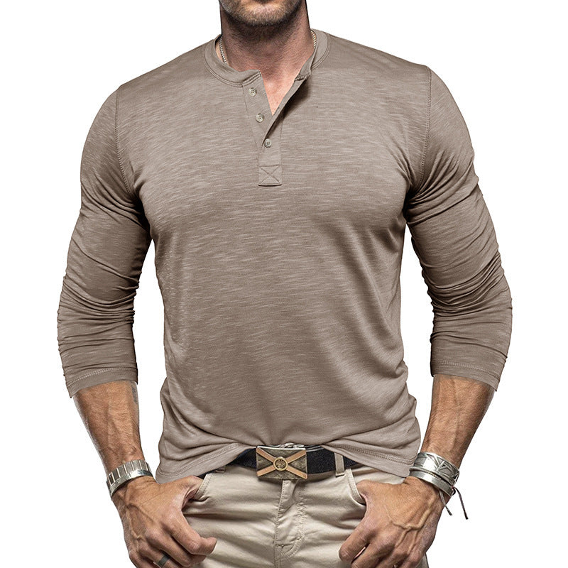 Men’s Long-Sleeve Henley T-Shirt – Casual Slub Cotton Pullover with Button Collar