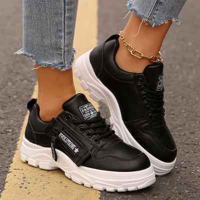Women’s Fashion Lace-Up Sneakers with Side Zipper – Thick-Sole Round-Toe Casual Shoes