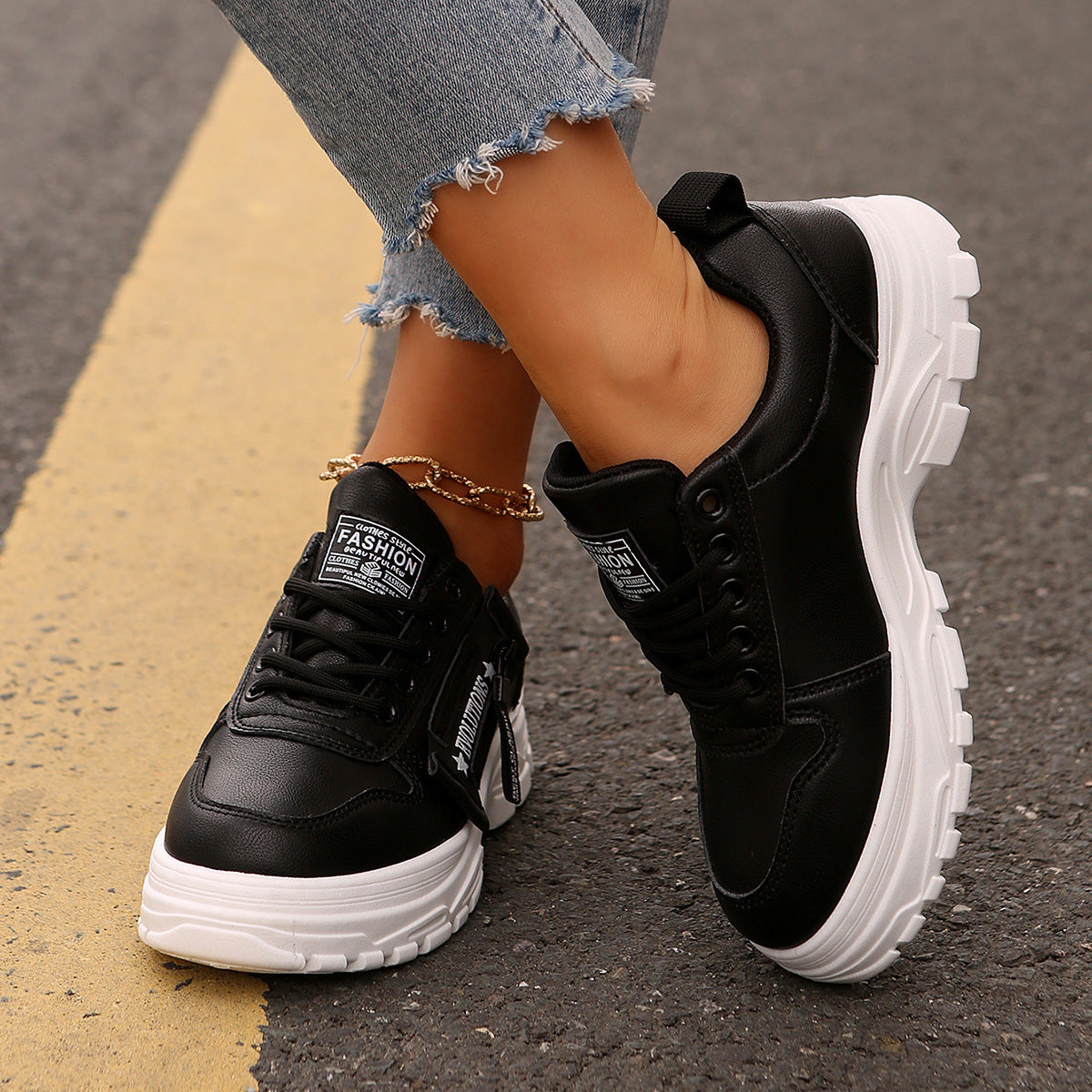 Women’s Fashion Lace-Up Sneakers with Side Zipper – Thick-Sole Round-Toe Casual Shoes