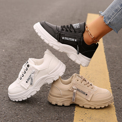 Women’s Fashion Lace-Up Sneakers with Side Zipper – Thick-Sole Round-Toe Casual Shoes