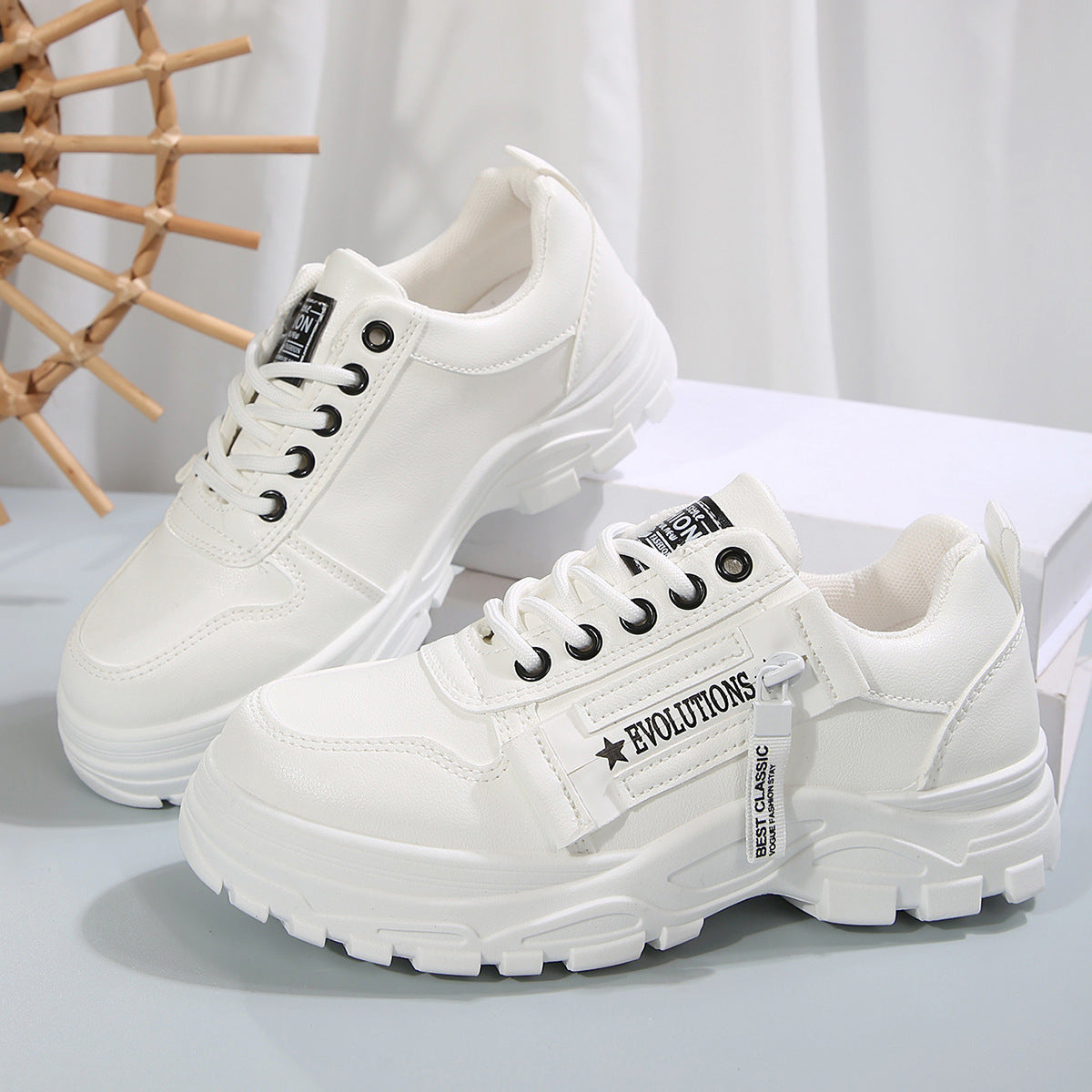 Women’s Fashion Lace-Up Sneakers with Side Zipper – Thick-Sole Round-Toe Casual Shoes