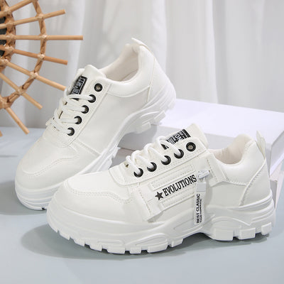 Women’s Fashion Lace-Up Sneakers with Side Zipper – Thick-Sole Round-Toe Casual Shoes