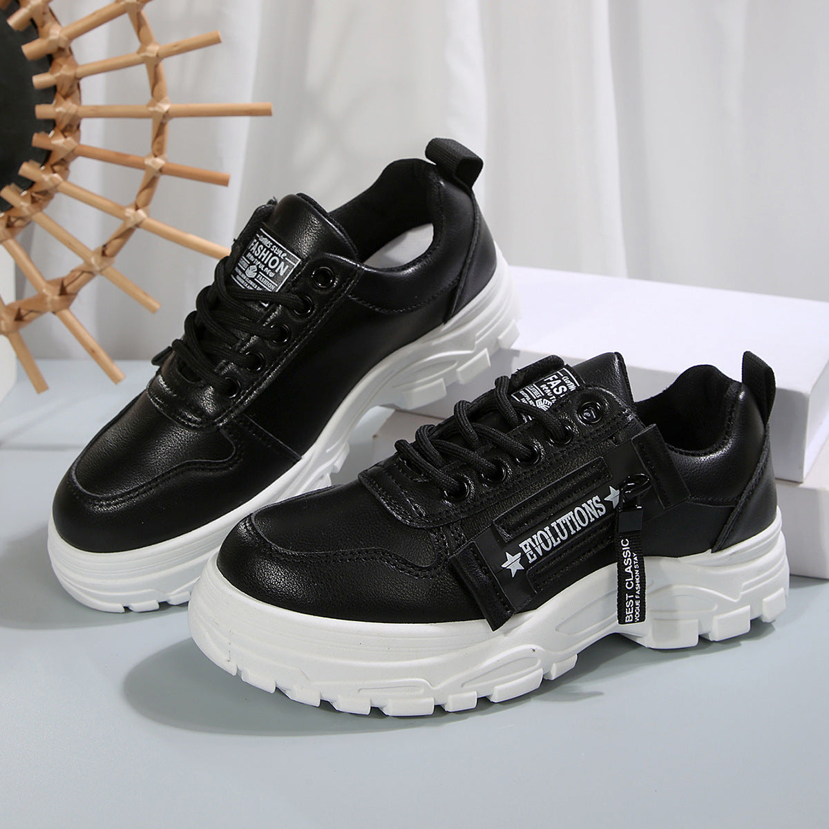 Women’s Fashion Lace-Up Sneakers with Side Zipper – Thick-Sole Round-Toe Casual Shoes