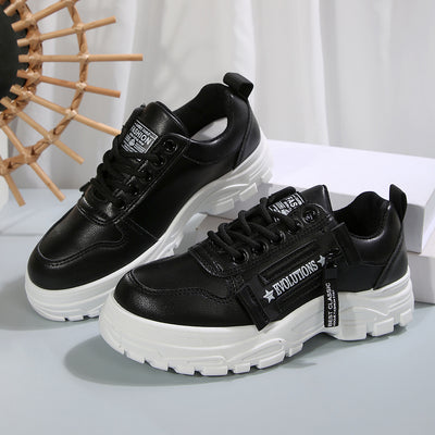 Women’s Fashion Lace-Up Sneakers with Side Zipper – Thick-Sole Round-Toe Casual Shoes