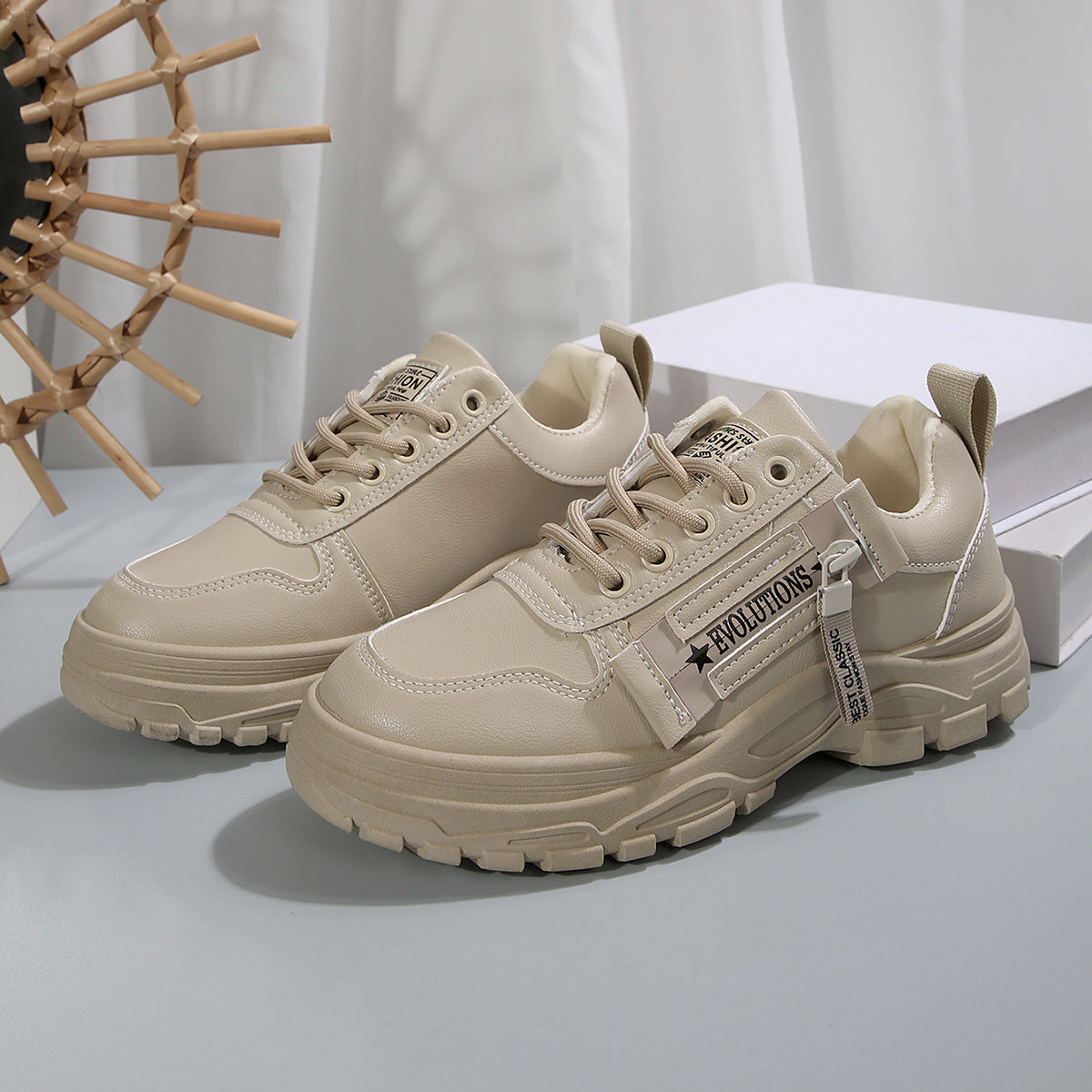 Women’s Fashion Lace-Up Sneakers with Side Zipper – Thick-Sole Round-Toe Casual Shoes
