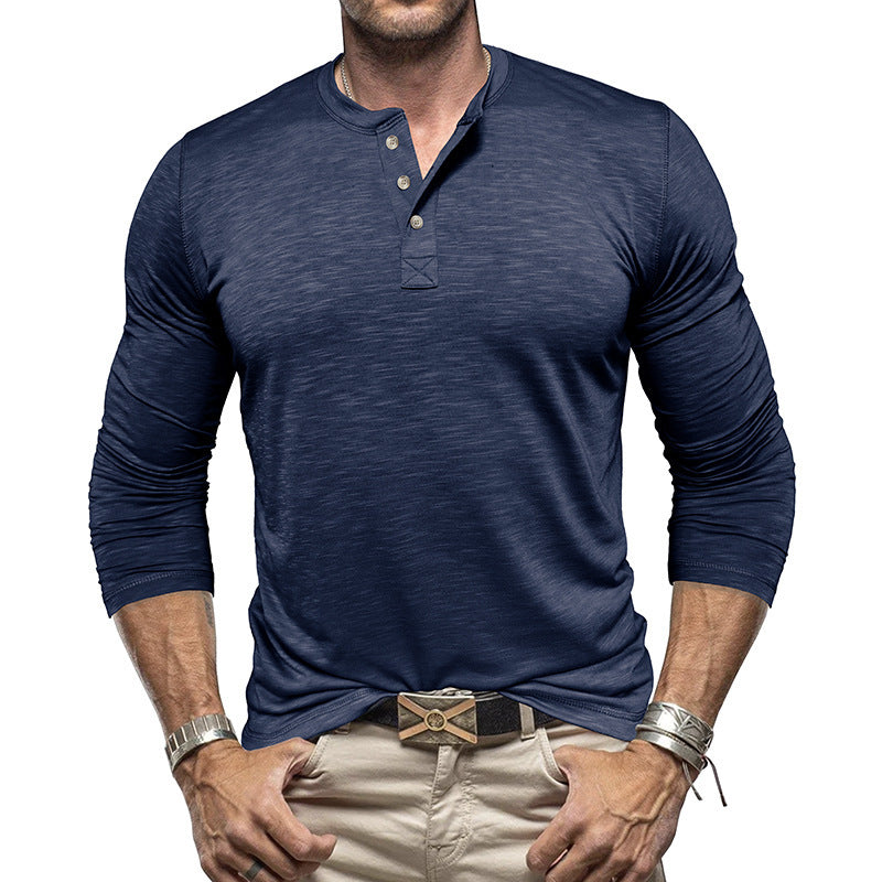 Men’s Long-Sleeve Henley T-Shirt – Casual Slub Cotton Pullover with Button Collar