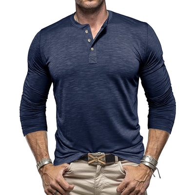 Men’s Long-Sleeve Henley T-Shirt – Casual Slub Cotton Pullover with Button Collar