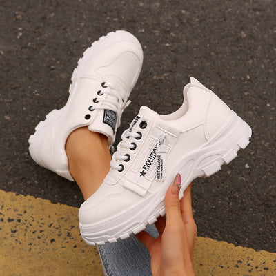 Women’s Fashion Lace-Up Sneakers with Side Zipper – Thick-Sole Round-Toe Casual Shoes