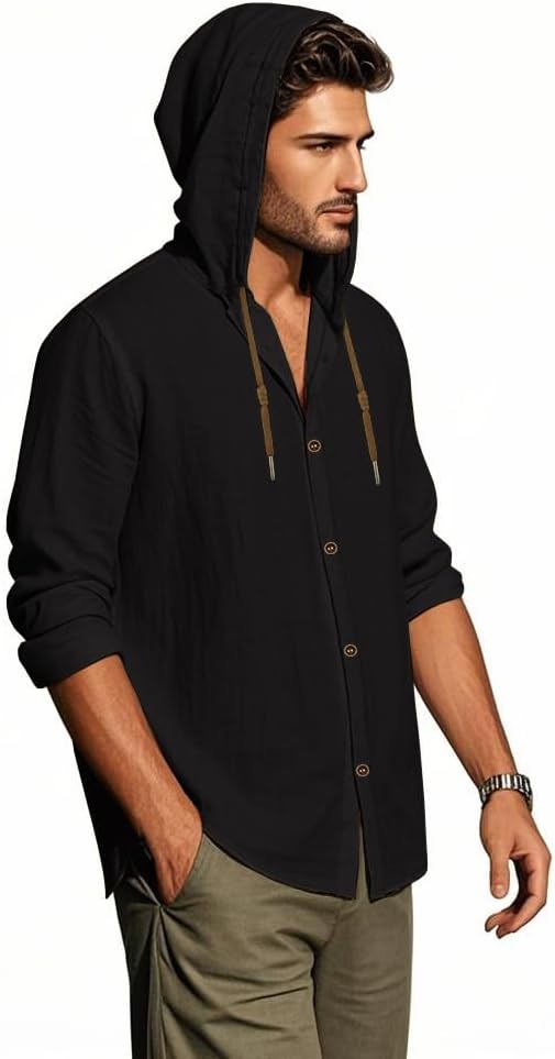 Men's Hooded Sweater Button Down Long Sleeve Shirt Hoodies
