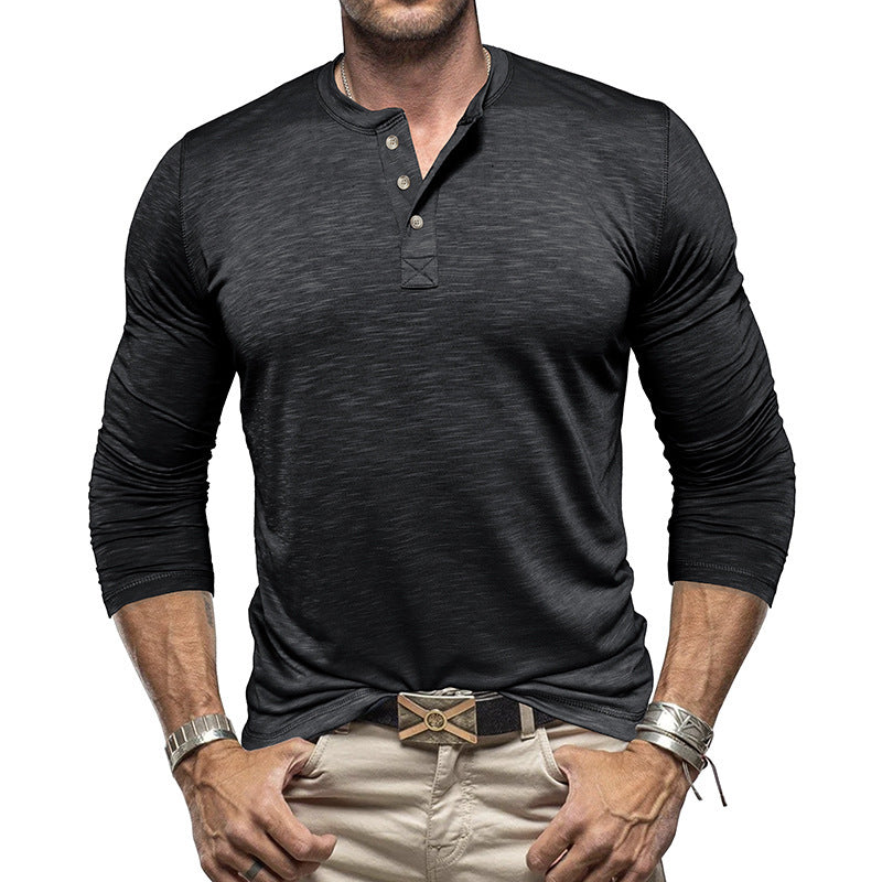 Men’s Long-Sleeve Henley T-Shirt – Casual Slub Cotton Pullover with Button Collar