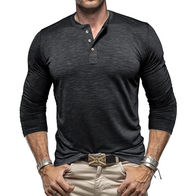 Men’s Long-Sleeve Henley T-Shirt – Casual Slub Cotton Pullover with Button Collar