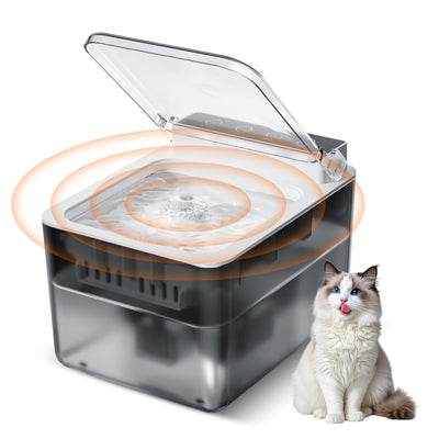Pet water dispenser with a cat sitting next to it on a white background