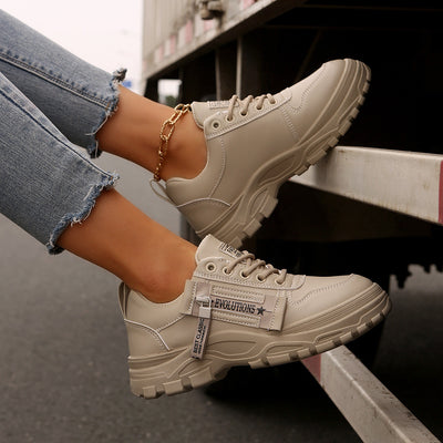 Women’s Fashion Lace-Up Sneakers with Side Zipper – Thick-Sole Round-Toe Casual Shoes