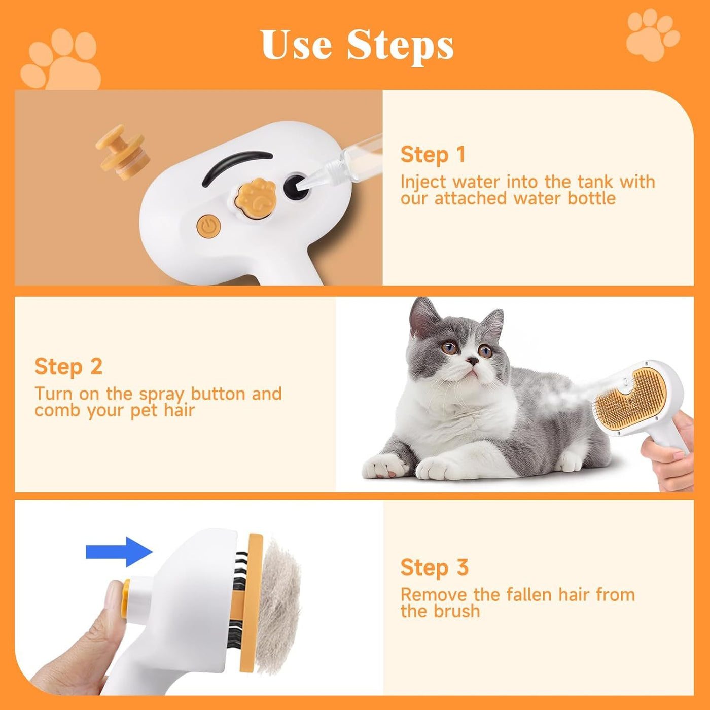 3-in-1 Pet Steam Brush for Cats & Dogs | Spray Hair Removal Comb Kit