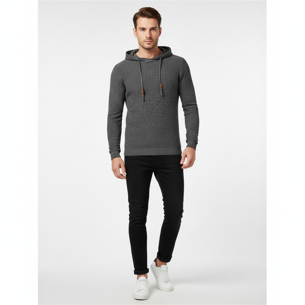 Long Sleeve Solid Knitted Hoodie Pullover Sweater Mens Hooded Sweatshirt
