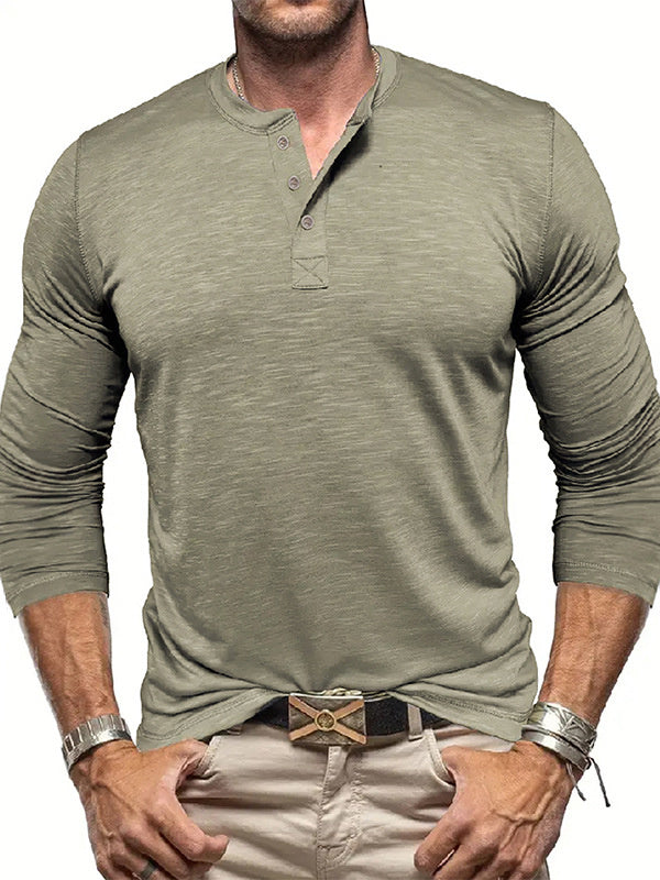 Men’s Long-Sleeve Henley T-Shirt – Casual Slub Cotton Pullover with Button Collar