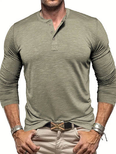 Men’s Long-Sleeve Henley T-Shirt – Casual Slub Cotton Pullover with Button Collar