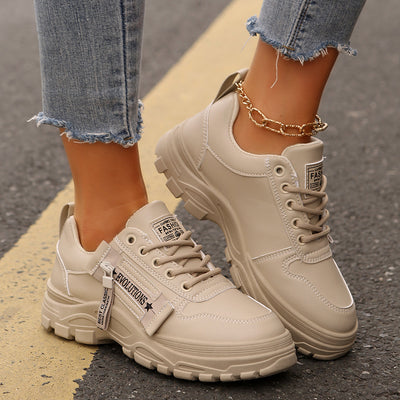 Women’s Fashion Lace-Up Sneakers with Side Zipper – Thick-Sole Round-Toe Casual Shoes