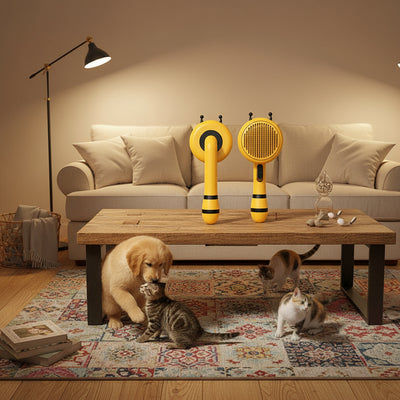 Two yellow handheld shower heads with black accents on a brown background