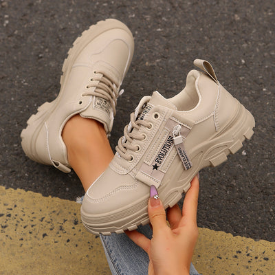 Women’s Fashion Lace-Up Sneakers with Side Zipper – Thick-Sole Round-Toe Casual Shoes