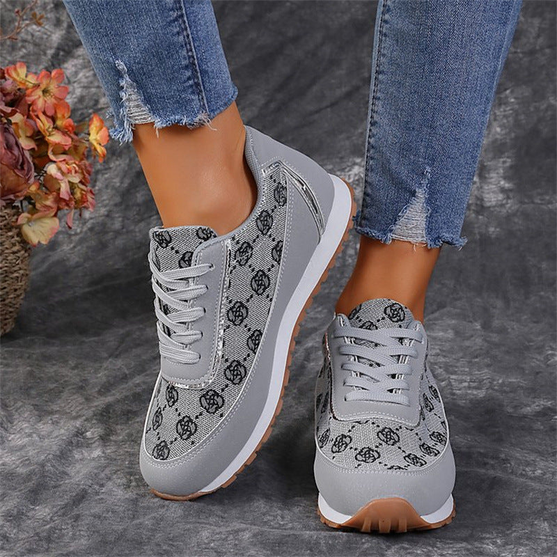 Women’s Flower Print Lace-Up Sneakers – Lightweight Breathable Casual Flats for Walking & Running
