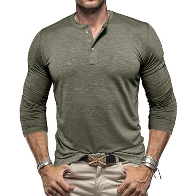 Men’s Long-Sleeve Henley T-Shirt – Casual Slub Cotton Pullover with Button Collar