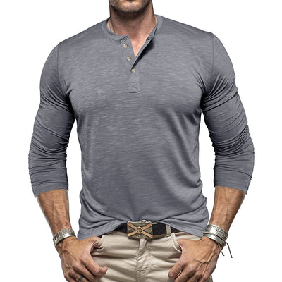 Men’s Long-Sleeve Henley T-Shirt – Casual Slub Cotton Pullover with Button Collar
